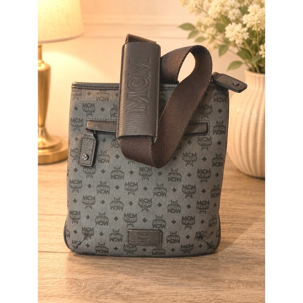 MCM Black Grey Visetos Messenger Crossbody Bag